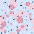 Seamless sakura flowers background, pink blooming on blue, swallow design element